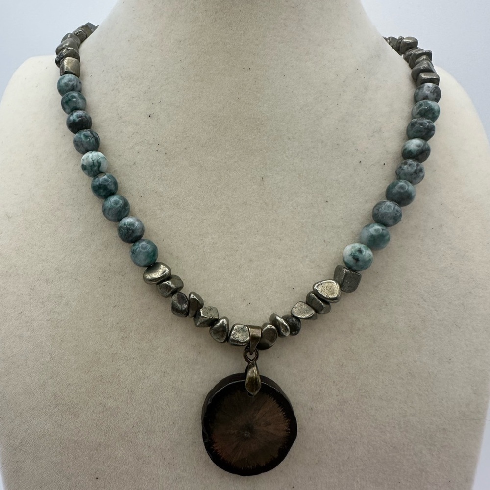 Pyrite and Jade Beaded Necklace with Pyrite Sun Pendant